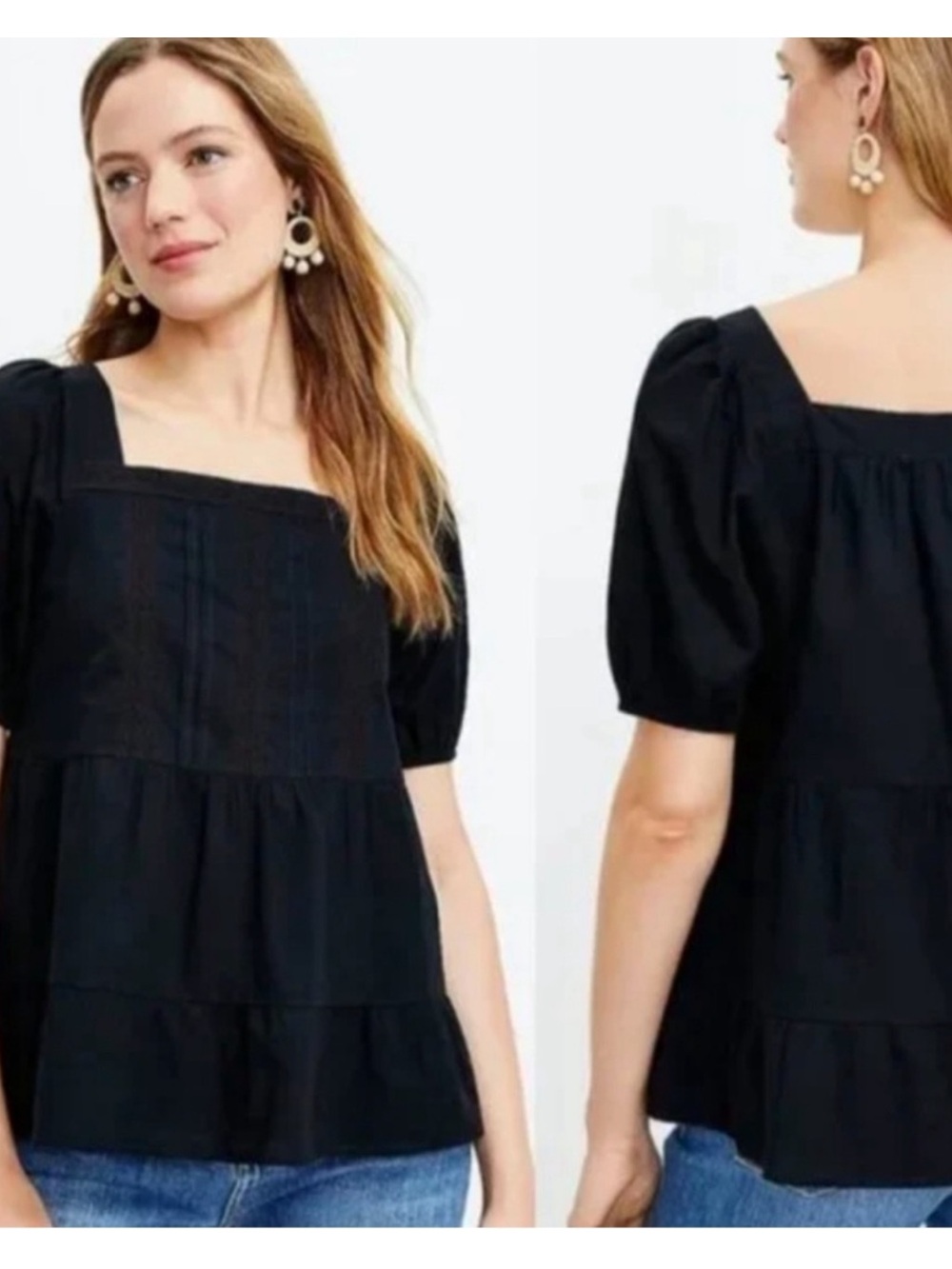 LOFT Peasant Top Blouse Puff Sleeve Cotton Large Natural Fibers